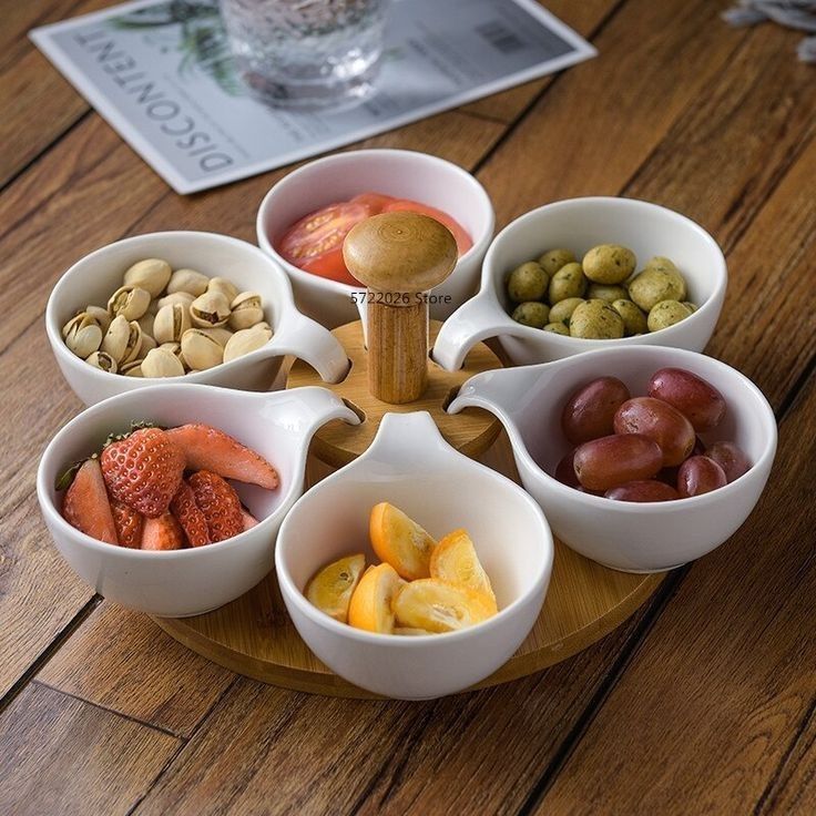 Nut Platter, 5 Ceramic Bowls with Wooden Base, Rotatable Snack Serving Stand Fruit Display Stand for Break Room Office