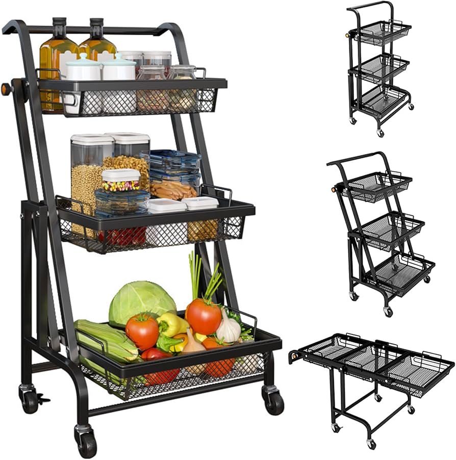 3-tier foldable rolling storage cart