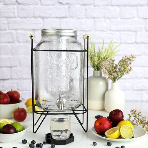 5L Glass Dispenser With Iron Stand And Tap For Serving Juices And Beverages At Parties Picnics Offices Bars-Transparent