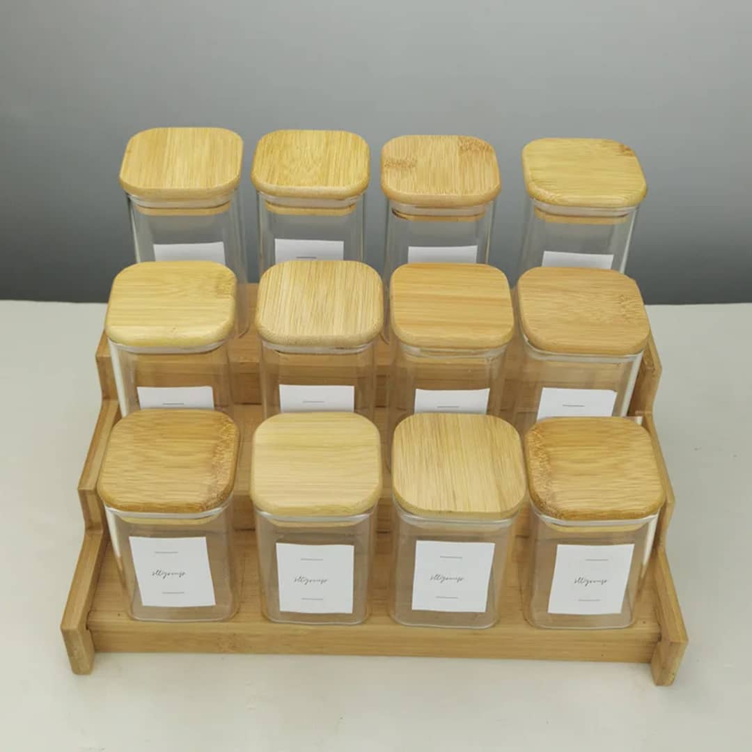 12-Piece Glass Spice Jar Set with Bamboo Lids & Tiered Rack