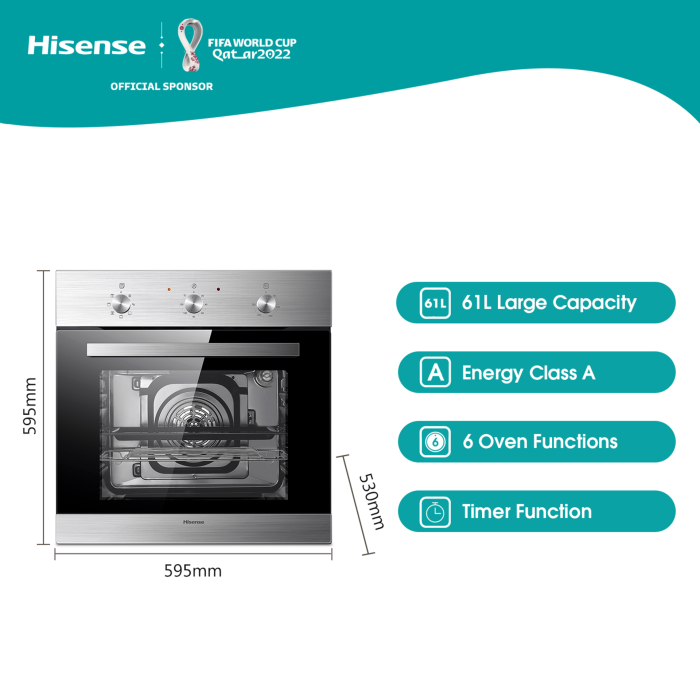 Hisense 60cm Built-in Electric Oven with Fan, Net 61 Litre, (HBO60203)