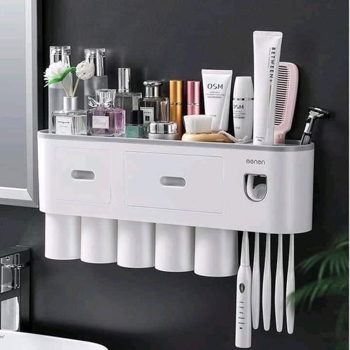 Magnetic 1/2/3/4/5 Cups Bathroom Toothbrush Holder Storage Rack With Toothpaste Dispenser Squeezer Wall Mount Organizer Punch