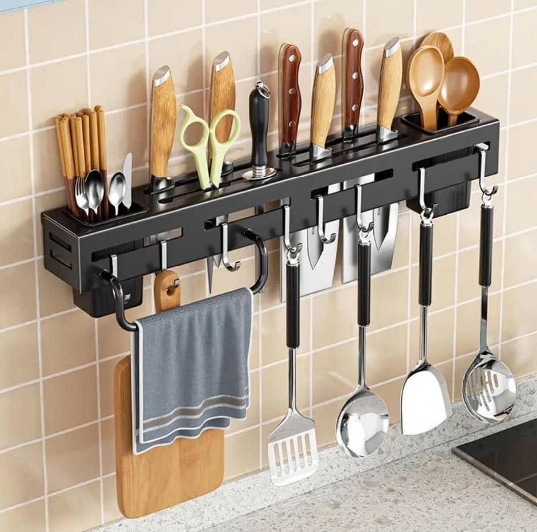 Wall Mount Knife Holder Towel Hanger Spatula Laddle Hanging Hooks Cutlery Holder Storage Rack- Black.