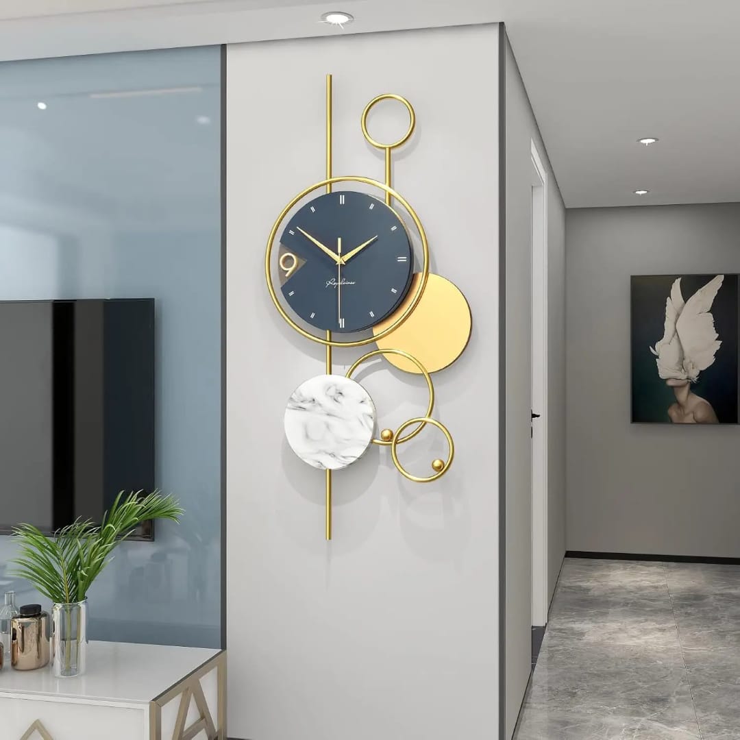 Modern Abstract Geometric Metal Wall Clock with Marble Accents