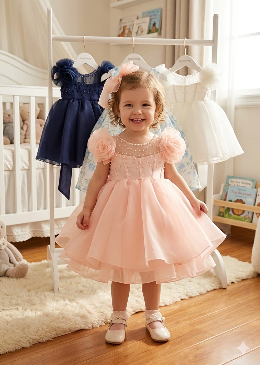 Toddler Floral Shoulder Pearl Party Dress