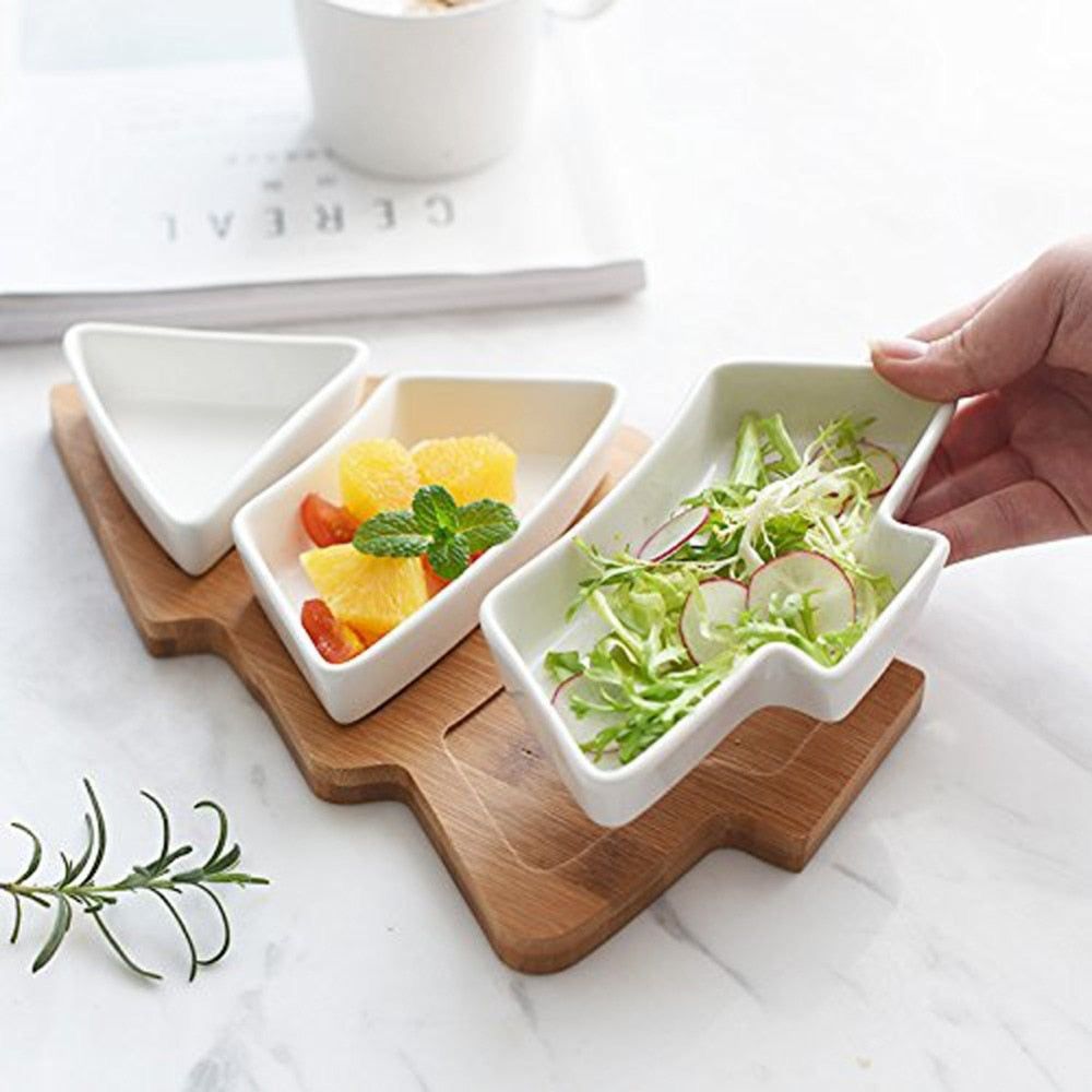3pc ceramic platter with wooden base