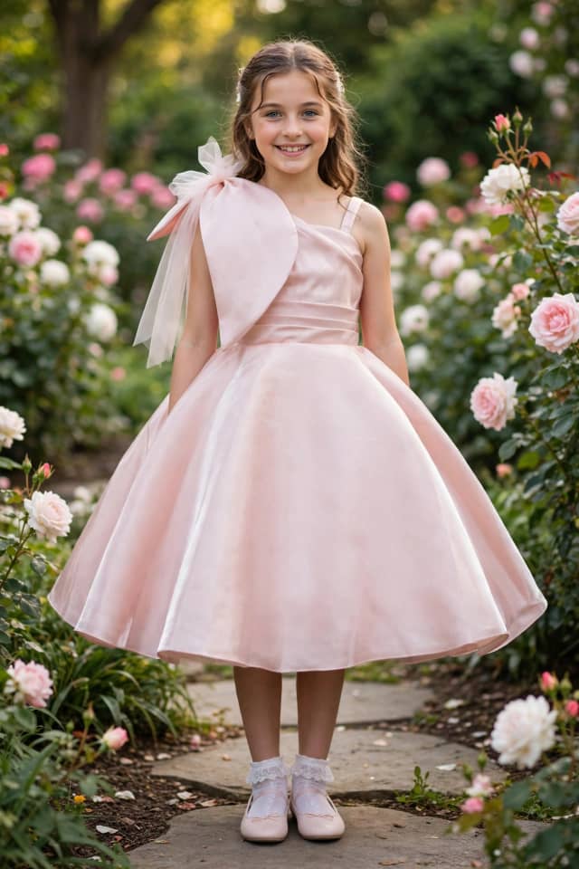Girls One-Shoulder Oversized Bow Satin Party Dress