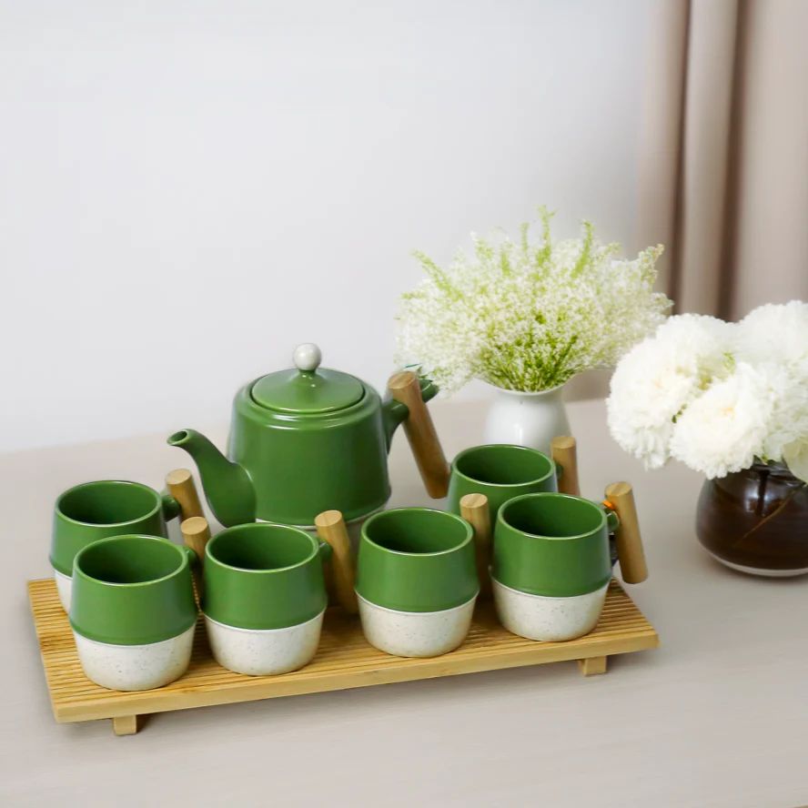 Ceramic Coffee Set Of 8 PCs, Tea/Coffee Cups, Tray And Tea Po