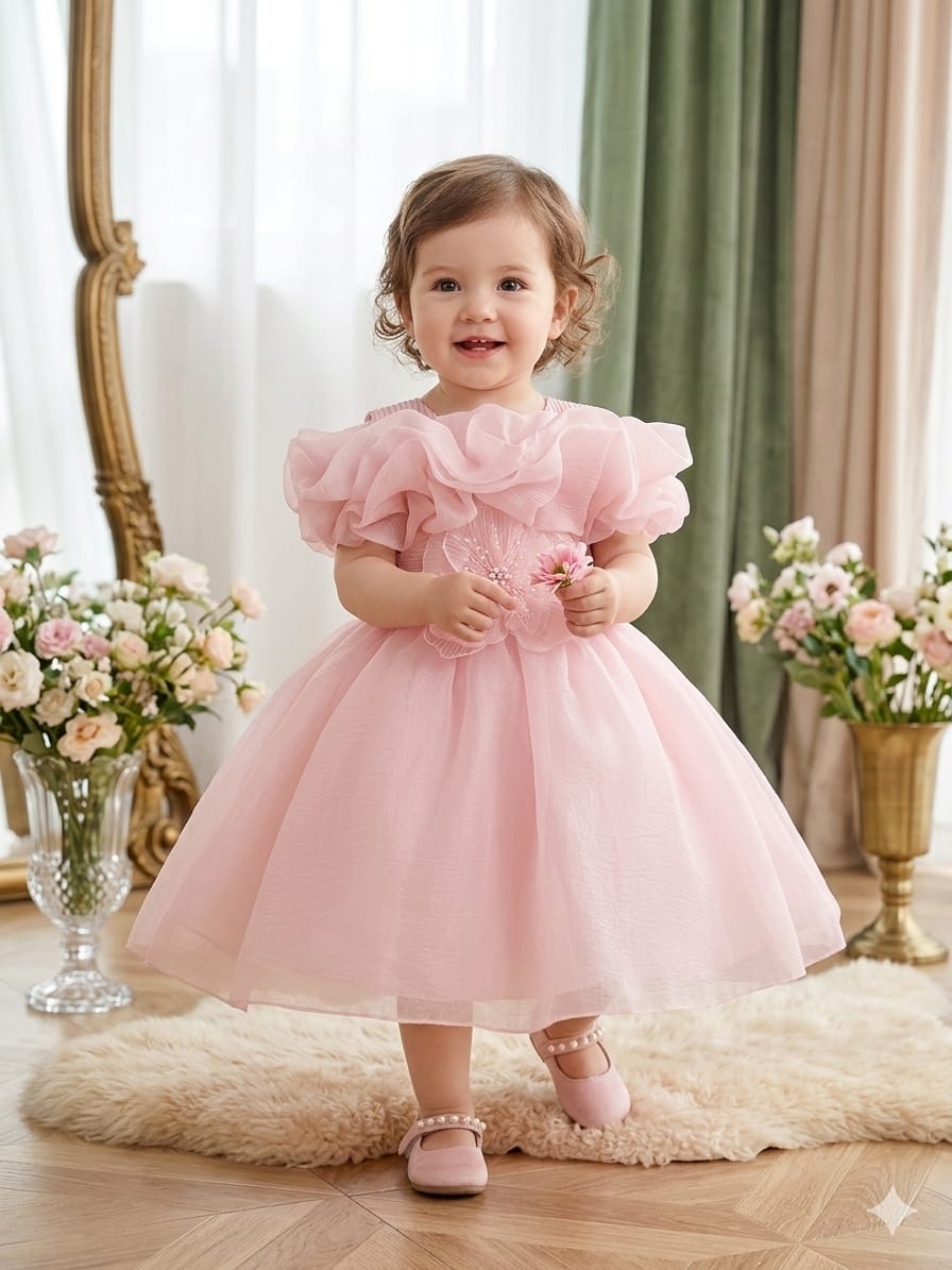 Toddler Ruffle Neckline Floral Princess Dress