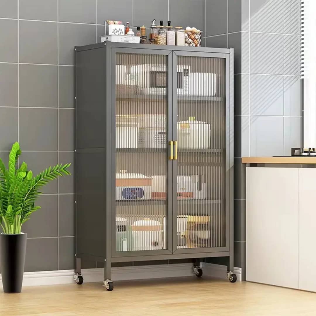 Metal Kitchen Storage Cabinet with Glass Doors and Wheels