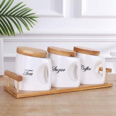 3 Piece Tea, Coffee, Sugar Bowl Canister Storage Set - White.