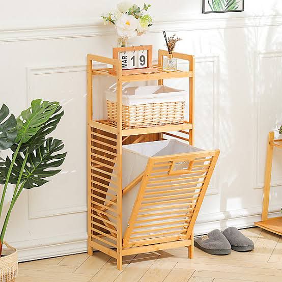 2-shelves bamboo Dirty laundry hamper